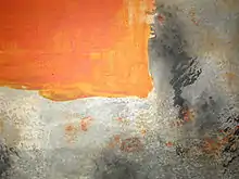 Opaque red/orange square in the upper-right corner looks opaque like oil paint. The textured grey/black area looks like watercolor.