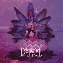 Doja Cat looks to the right side of the image while sitting atop a lotus throne. Behind her is a bundle of large leaves. The image has a purple tint, with wafts of smoke all over it. Below Doja Cat stands white text that reads "So High / Doja Cat / ;3".