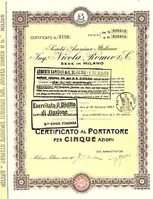 Stock certificate of Società Anonima Italiana Ing. Nicola Romeo & C. for 5 shares of 100 lire each, issued in Milan on 7 February 1929. The company established in 1911 by Nicola Romeo was transformed into a joint-stock company after taking over the car manufacturer A.L.F.A. in 1918.