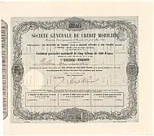 Certificate for 5 shares of 500 francs of the Société Générale de Crédit Mobilier, issued on 20 March 1866, signed by Émile Pereire