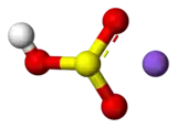 Ball-and-stick model of a bisulfite anion (left) and a sodium cation (right)