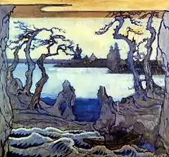 Illustration of a winter forest by the lake