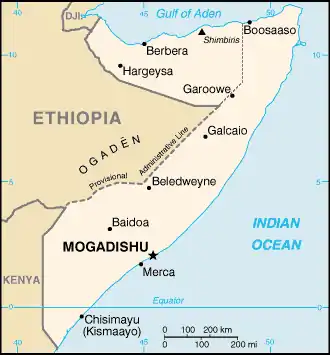 Somalia (/səˈmɑːliə/ sə-MAH-lee-ə;[7][8][9] Somali: Soomaaliya; Arabic: الصومال, romanized: aṣ-Ṣūmāl), officially the Federal Republic of Somalia[1] (Somali: Jamhuuriyadda Federaalka Soomaaliya; Arabic: جمهورية الصومال الفيدرالية, romanized: Jumhūrīyah aṣ-Ṣūmāl al-Fīdirālīyah), is a country located in the Horn of Africa. It is bordered by Ethiopia to the west, Djibouti to the northwest, the Gulf of Aden to the north, the Guardafui Channel and Indian Ocean to the east, and Kenya to the southwest. Somalia has the longest coastline on Africa's mainland,[10] and its terrain consists mainly of plateaus, plains and highlands.[5] Climatically, hot conditions prevail year-round, with periodic monsoon winds and irregular rainfall.[11]

Somalia has an estimated population of around 14.3 million.[12], and has been described as the most culturally homogeneous country in Africa.[13][14]