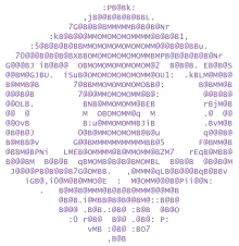 A series of purple characters create the image of a skull