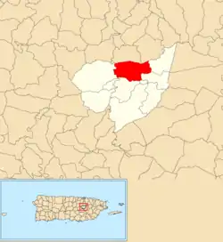 Location of Sonadora within the municipality of Aguas Buenas shown in red