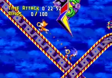 Gameplay screenshot of Sonic Crackers, showing Sonic and Tails in a carnival-esque stage.