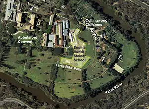 Location of Sophia Mundi School in Abbotsford showing relationship to Collingwood Children's Farm, Abbotsford Convent, Yarra River and Yarra Trail