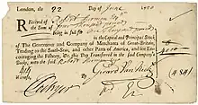 Stock certificate of the South Sea Company of £1,000 (10 shares of £100 each) issued in London on 22 June 1720, paid for at £4,000 at the then market price of 400%.