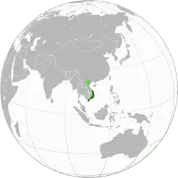 Administrative territory of the Republic of Vietnam in Southeast Asia according to the 1954 Geneva Accord shown in dark green; territory claimed but not controlled shown in light green