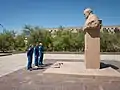 Soyuz MS-09 backup crew at the statue of Sergei Korolev in Baikonur, Kazakhstan, on May 21, 2018