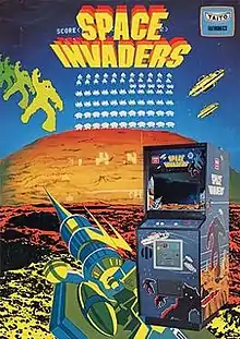 A promotional flyer for Space Invaders: An arcade display on the bottom-right corner is shown over a laser cannon surrounded by aliens and saucers; The background contains the screen against a background of a canyon and a block mountain; The Space Invaders and Taito logos are displayed on the top of the poster.
