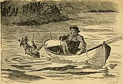 Man on small craft in river with a dog drowning on the right-hand side of the craft (Illustration from 1889 Sparks from the camp fire by C. S. Greene)
