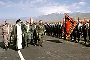 Ayatollah Ali Khamenei inspecting troops with the Islamic Republic military colours during a special ceremony.