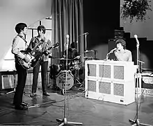 The Spencer Davis Group rehearsing before a performance in Amsterdam in 1966. L-R: Muff Winwood, Spencer Davis, Pete York, and Steve Winwood