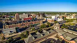 Skyline view of downtown Springfield showing the EF Hutton Tower, Clark County Heritage Center, Tecumseh Building, and the greater area.