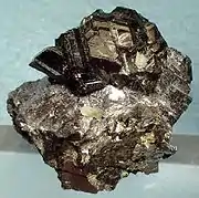 Sphalerite and galena ore specimen from the Naica mine. Size: .mw-parser-output .frac{white-space:nowrap}.mw-parser-output .frac .num,.mw-parser-output .frac .den{font-size:80%;line-height:0;vertical-align:super}.mw-parser-output .frac .den{vertical-align:sub}.mw-parser-output .sr-only{border:0;clip:rect(0,0,0,0);clip-path:polygon(0px 0px,0px 0px,0px 0px);height:1px;margin:-1px;overflow:hidden;padding:0;position:absolute;width:1px}4.7&nbsp;cm ×&nbsp;3.6&nbsp;cm ×&nbsp;2.6&nbsp;cm (1+3⁄4&nbsp;in ×&nbsp;1+1⁄2&nbsp;in ×&nbsp;1&nbsp;in).