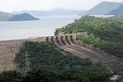 Spillways of Akosombo dam with 6 floodgate in Akosombo, Ghana