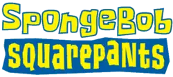 The series' logo. It features the word "SpongeBob" written in a yellow sponge-like font, with the word "SquarePants" written below in a white font on a blue wooden board. A light blue splash of water is behind the words.