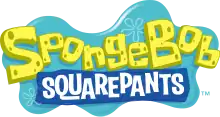 The series' logo. It features the word "SpongeBob" written in a yellow sponge-like font, with the word "SquarePants" written below in a white font on a blue wooden board. A light blue splash of water is behind the words.