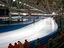 The speed skating oval during 2008–09 ISU Speed Skating World Cup in Berlin in 2008.