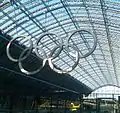 Large Olympics logos were installed at London landmarks including St Pancras Station (shown here) and Tower Bridge.