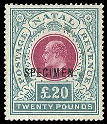 Natal, 1902: Specimen for a £20 stamp.