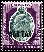 Malta, 1918: Postage stamp with wartime taxation applied.