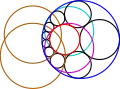 Under inversion, these lines and circles become circles with the same intersection angle,&nbsp;2θ. The gold circles intersect the two given circles at right angles, i.e., orthogonally.