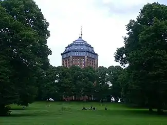 Image 4Sternschanzenpark, with the iconic Schanzenturm (de). (from List of parks and gardens in Hamburg)