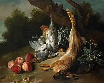 Still Life with Dead Game and Peaches in a Landscape, (1727), 80 x 100.3&nbsp;cm., Birmingham Museum of Art