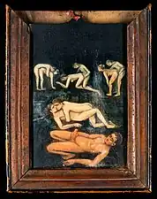 An erotic scene on the reverse side of the painting of figs and a tomato by Summonte. Date of creation uncertain 1800 to 1899