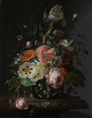 Still life with flowers on a marble slab, by Rachel Ruysch