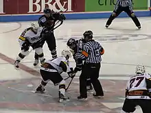 Gregg Johnson faces off against Barret Ehgoetz; Cincinnati Cyclones at South Carolina Stingrays, March 7, 2010.