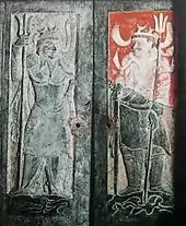 Two guardian deities of an ancient Chinese tomb, both holding tridents