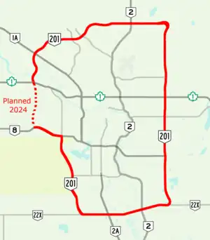Stoney Trail encircles the northern, eastern, and southern portions of Calgary, with the west section of the road currently under construction.