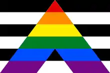 A flag of black and white horizontal stripes, overlaid with an inverted V of the rainbow flag