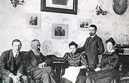 People sitting in Rimsky-Korsakov's living room, from left to right: Stravinsky, Rimsky-Korsakov, Rimsky's daughter Nadezhda Rimskaya-Korsakova, her fiance Maximilian Steinberg, Stravinsky's first wife Yekaterina Gavrilovna Stravinskaya