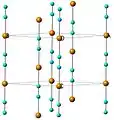 Figure 1: The structure of HT-CuCN showing the chains running along the c axis. Key: copper = orange and cyan = head-to-tail disordered cyanide groups.
