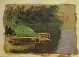 Landscape sketch, for Swimming, oil on cardboard, 4 × .mw-parser-output .frac{white-space:nowrap}.mw-parser-output .frac .num,.mw-parser-output .frac .den{font-size:80%;line-height:0;vertical-align:super}.mw-parser-output .frac .den{vertical-align:sub}.mw-parser-output .sr-only{border:0;clip:rect(0,0,0,0);clip-path:polygon(0px 0px,0px 0px,0px 0px);height:1px;margin:-1px;overflow:hidden;padding:0;position:absolute;width:1px}5+3⁄4&nbsp;in (10 × 15&nbsp;cm), 1884