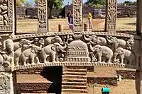 a bas-relief of the Ramagrama stupa, from the east gateway of Great Stupa at Sanchi, in Raisen District of the State of Madhya Pradesh, India