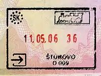 Entry stamp for rail travel, issued at Štúrovo (pre-Schengen stamp with Schengen design)