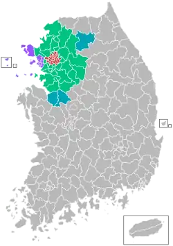 Red: Seoul; violet: Incheon; green: Gyeonggi-do; blue: other areas connected by rapid transit