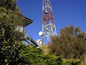 Sugarloaf Communications Tower showing cable runs from back of building to base of tower.