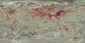 Sulfur dioxide in the world on April 15, 2017. Note that sulfur dioxide moves through the atmosphere with prevailing winds and thus local sulfur dioxide distributions vary day to day with weather patterns and seasonality.