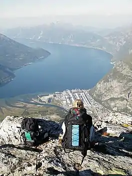 Sunndalsøra viewed from the mountain Litlkalkinn. The estuary of the river Driva is clearly visible, as is the aluminium plant. The Sunndalsfjord stretches out to northwest towards Kristiansund