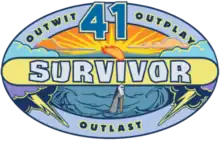 Two thunderstorms--each on left and right--and a lower arm holding a torch, visible above the waters. The torch's flame on foreground, putting the sun behind it. Huge "41" on top-center.