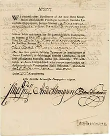 Stock of the Swedish Levant Company for 1500 daler copper coin, issued on 15 December 1748, made out in Stockholm to Anders Plomgren and signed personally by him and by Claes Grill, the two founders and directors of the company