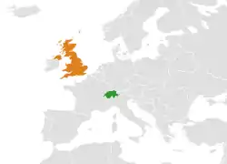 Map indicating locations of Switzerland and United Kingdom