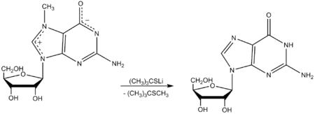 Lithium 2-methylpropane-2-thiolate reaction with 7-methylguanosine.