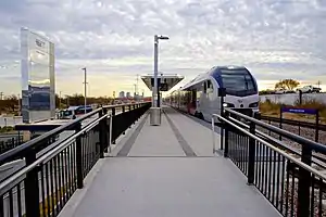 North Side station seen from the north end of the station.  Downtown Fort Worth, Texas, which is south of the station, can be seen from the rail platform level.